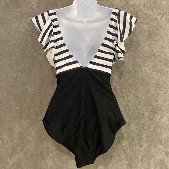 NWT B2Prity Womens Black & White Cutout Ruffle One-Piece Swimsuit Size Medium - Picture 12 of 15